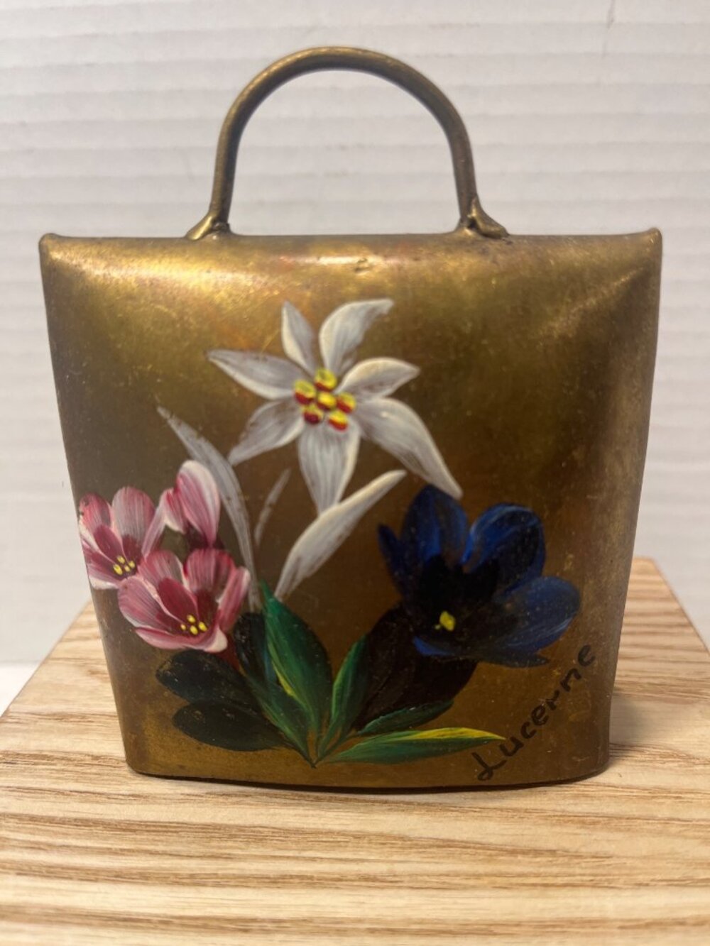 Hand-Painted Solid Brass Cowbell with Floral Design and Lucerne Script Signed